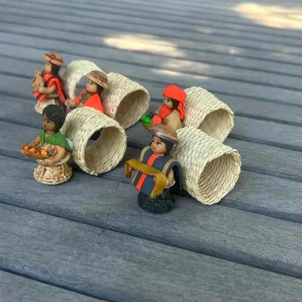 Folk Art Hand Made S. American Hand Painted Napkin Rings Set of 5 Rattan Acorn